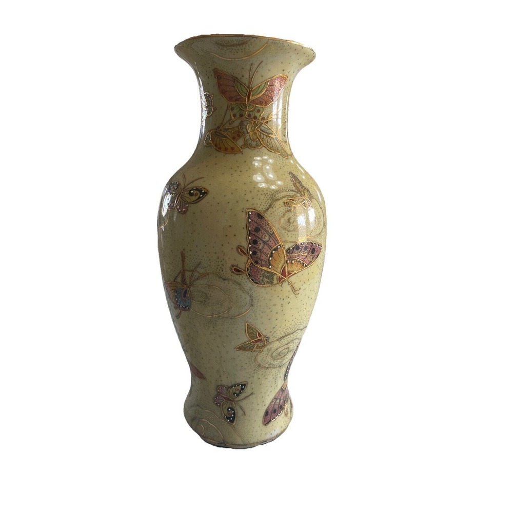 Vintage‎ Hand Painted Satsuma Oriental Butterfly Vase Raised Gold Gilt Trim.